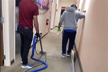 Technician steam cleaning the office hallway carpet