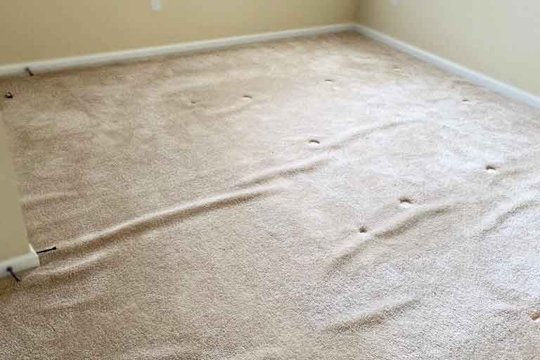 To fix a rough and loose carpet we check the areas that need to be repaired and stretched.